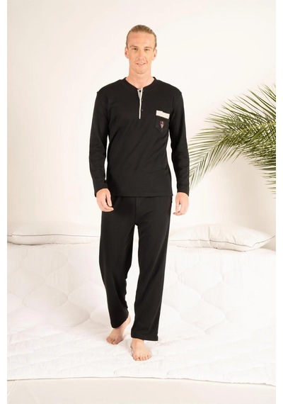Estiva Gd Goldoremi 23403 Erkek Kışlık Yuvarlak Yaka Cepli Pamuklu Pijama Takımı Siyah