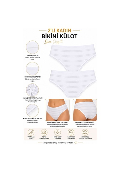 2Li Kadın Sim Çizgili Slip Yüksek Bel Ince Lastik Ekonomik