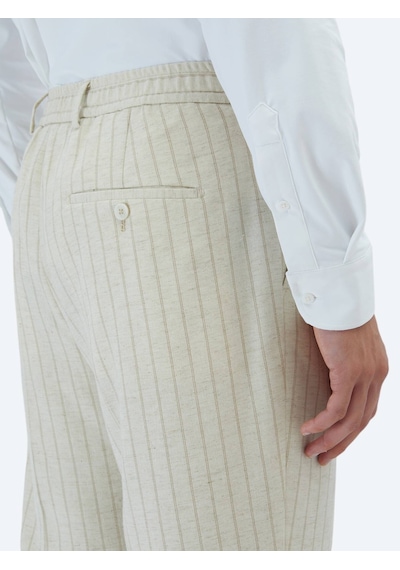 Kip Bej Çizgili Comfort Fit Keten Karışımlı Takım Elbise Bej