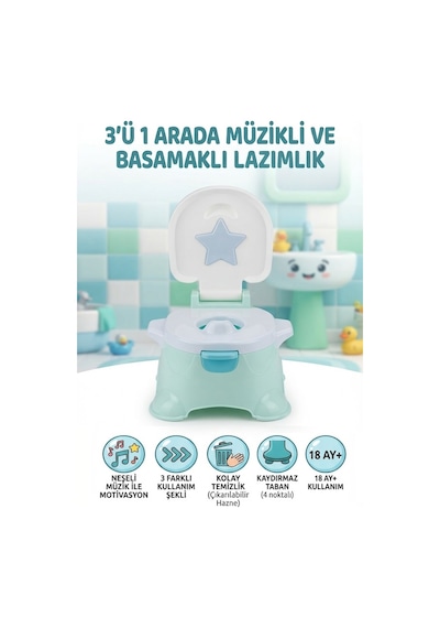 3 in 1 Müzikli Basamaklı Lazımlık Pilli ve Kaydırmaz Tabanlı Eğitici Hijyenik Tuvalet Eğitimi Seti Çok Renkli