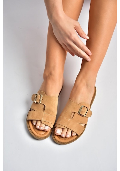 Fox Shoes Y944791002 Taba Hakiki Deri Süet Kadın Terlik