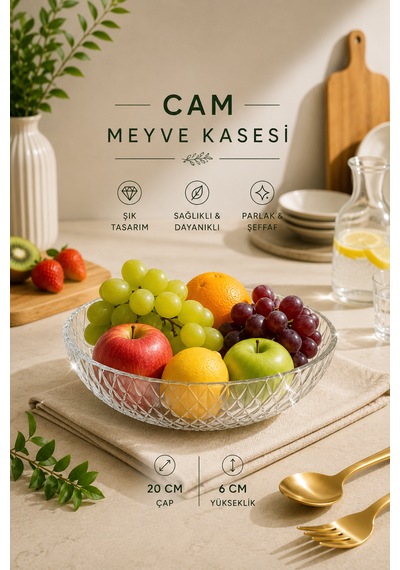 Modern Baklava Desenli Cam Salata Kasesi Meyve Sunumluk Kase Orta Boy 21 Cm Şeffaf