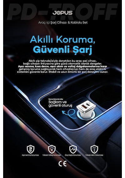 Jopus Type-C Kablolu Araç Şarj Aleti Çakmaklık Seti - Type-C + USB Girişli 38W JO-A7