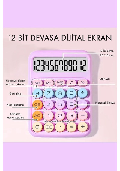 Renkli Hesap Makinesi - 12 Haneli Yuvarlak Tuşlu Mor Renk Hesap Makinesi - 4 Fonksiyonlu Pil Hediye Diğer