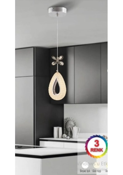 Damla Gümüş Tekli 3 Renk Ledli Kumandasız Modern Led Avize