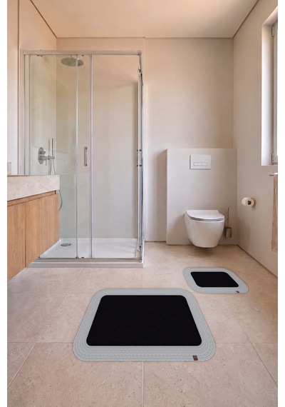 Banyo Paspası Takımı 70x110+50x70 Cm Düz Siyah & Gümüş Gri