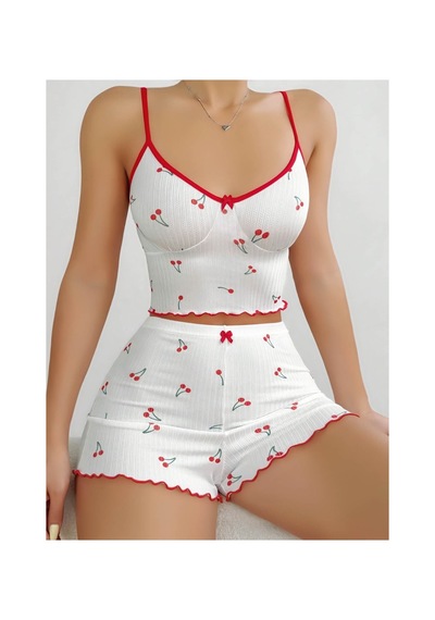 Mr Owl Kadın Beyaz Vişne Desenli Dantel Askılı Şortlu Pijama Takımı