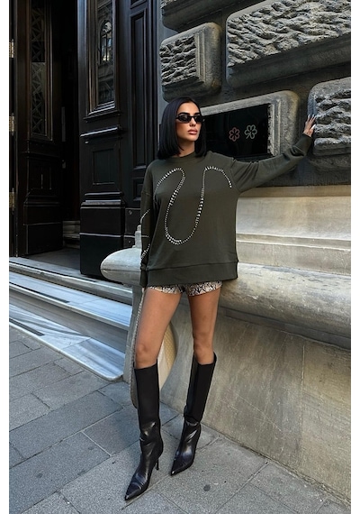 WeShaya Kadın Haki Taşlı Pamuk Oversize Sweatshirt Haki