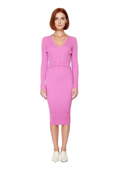 Ersefa Kadın Bodycon Kesim Düz Triko Elbise Uzun Kollu V Yaka Midi Boy S Pembe