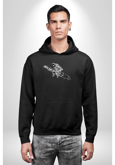 Roket Astronot Kadın Erkek Siyah Kapüşonlu Sweatshirt Hoodie Siyah