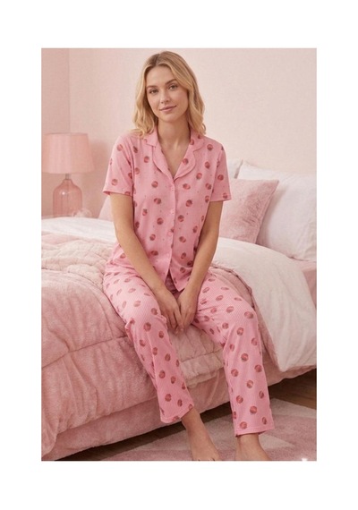 Fit Women Çilek Desenli Düğmeli Kısa Kollu Pijama Takımı 4588 PEMBE