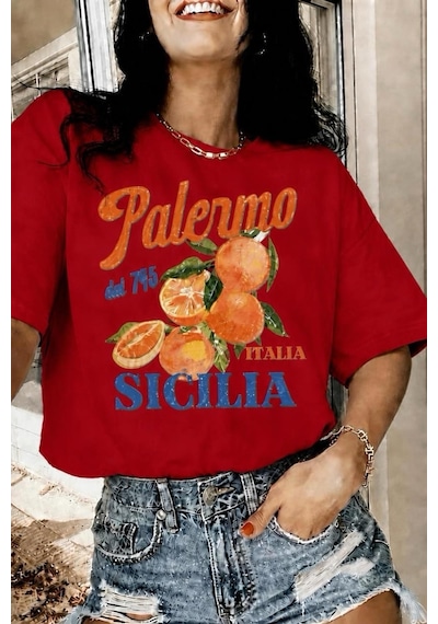 Palermo Sicilya Portakal Temalı Bisiklet Yaka Pamuklu Oversize T-shirt Kirmizi