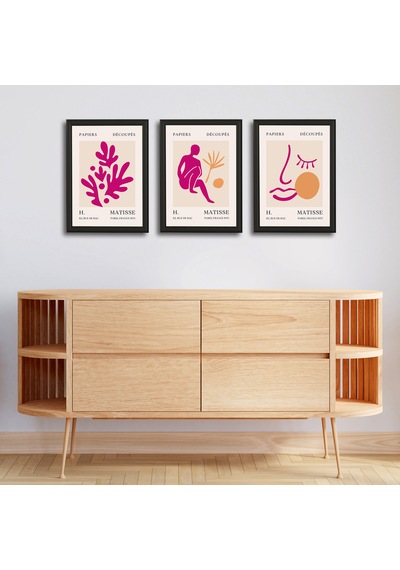 Henri Matisse 3'lü Alüminyum Çerçeveli Poster Seti - Önden Açılır A3 Açılır Kapanır Çerçeve Seti Fuşya Pembe Soyut Figürler, Siyah