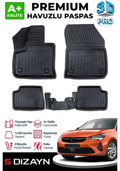 S-dizayn Opel Corsa Elektrikli 3d Pro Havuzlu Paspas 2019 Üzeri A+ Kalite