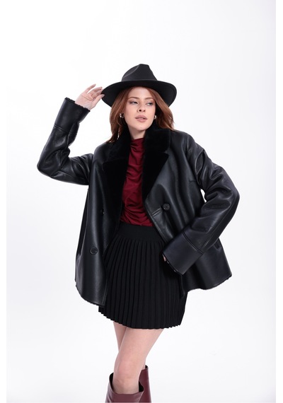 M M Marki Marki Hakiki Deri Kadın Mont Siyah İçi Kürklü Kruvaze Düğmeli Blazer Model 70 Cm - 120622