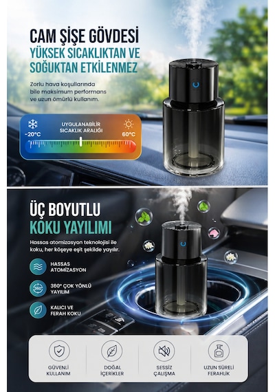 Araç İçi Hava Nemlendirici Ve Koku Difüzörü Usb Şarjlı Sessiz Çalışma 140 Ml Siyah