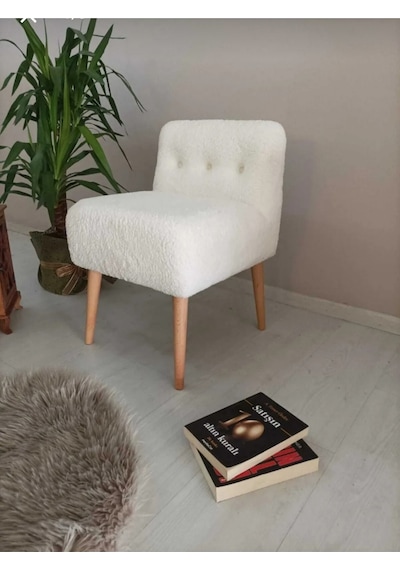 Rahat Oturum Alanlı Retro Gürgen Ahşap Ayaklı Beyaz Welsoft Kumaş Puf Bench Sandalye Tabure Beyaz