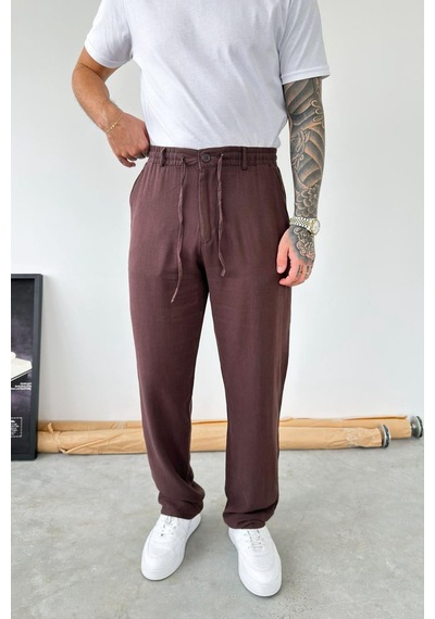Kahverengi Beli Lastikli Keten Pantolon
