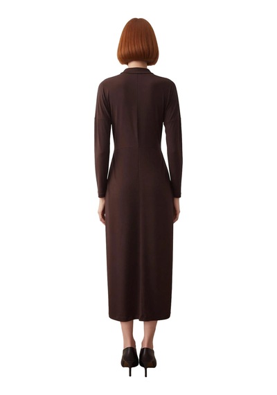 Ersefa Kadın Uzun Kollu Bodycon Kesim Örme Sandy Maxi Elbise Dik Yaka De Koyu Kahverengi
