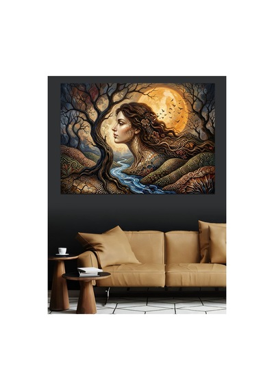 Gece Dolunay Altında Doğa Ana Yağlı Boya Dokulu Kanvas Tablo Canvas Tablosu