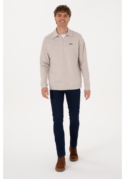 U.S. Polo Assn. Erkek Regular Fit Yarım Fermuarlı Şardonlu Taş Basic Sweatshirt 50313783-VR049