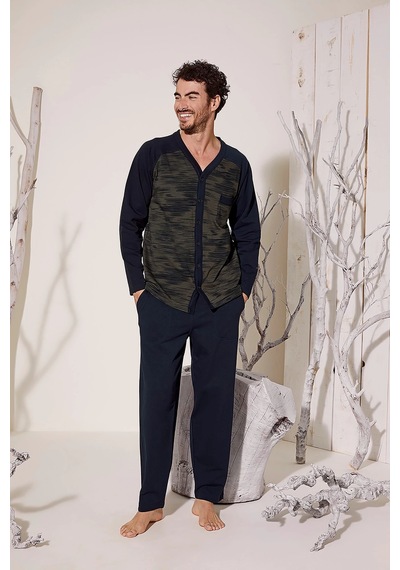 Angbutik Kocabey 8025 Erkek V Yaka Boydan Düğmeli Pijama Takımı Yeşil