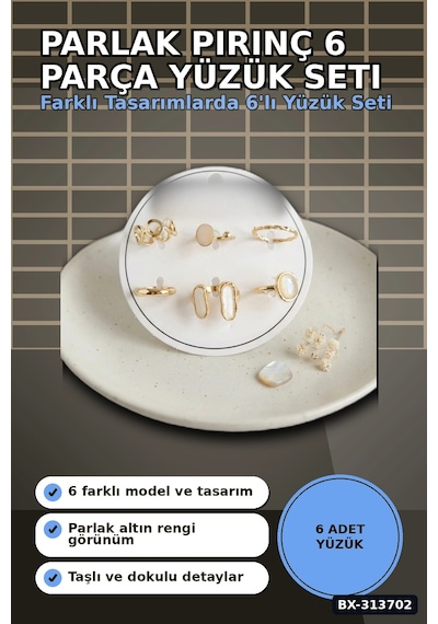 Parlak Pirinç 6 Parça Yüzük Seti, 7-8 Numara Bijuteri Aksesuar Hediyelik Bx-313702 Çok Renkli