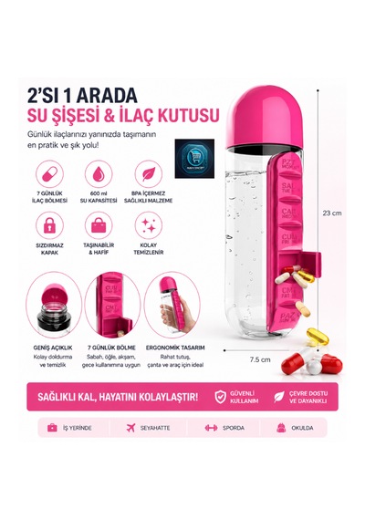 Su Şişesi & Ilaç Kutusu 2'si 1 Arada 600 Ml Matara Suluk Pembe