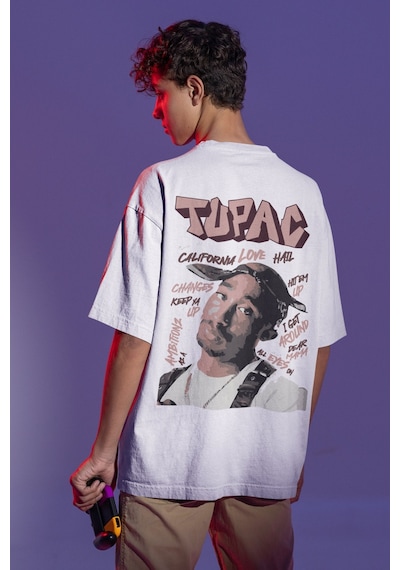 Tupac Rapper Sırt Baskılı Unisex Oversize Şarkıcı Tişört Beyaz
