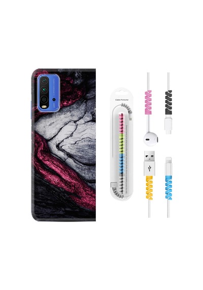 Xiaomi Redmi 9T Kılıf +Kablo Koruyucu Purple Gray Marble 1617