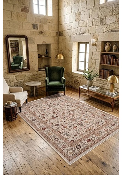 Renkli Vintage Modern Salon Koridor Yatak Ve Oturma Odası Halısı Krem