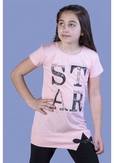 Toontoy Kids Toontoy Kız Çocuk Star Baskılı Kemer Detaylı Tişört Pudra