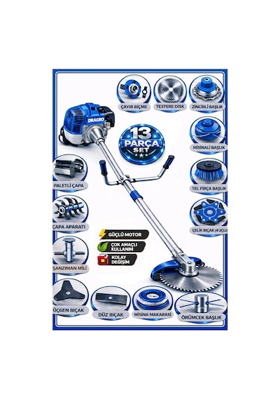 Dragro German Drg-13 + Yan Tipi Benzinli Ot Çalı Çim Biçme Tırpanı + Full Set Hediyeli + Çift Çapa M