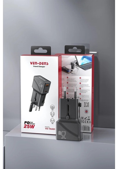 Ven-dens Vd-ta001 25 W Pd 4 Ü 1 Arada Seyahat Adaptörü, Usb-c Ve Usb-a Çift Port, Abd, Siyah