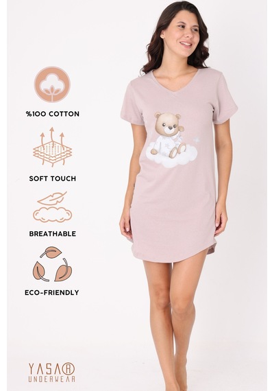 Yasar Underwear Ayıcık Baskılı Kahverengi %100 Pamuk Kısa Kollu Gecelik Kahverengi Kahverengi