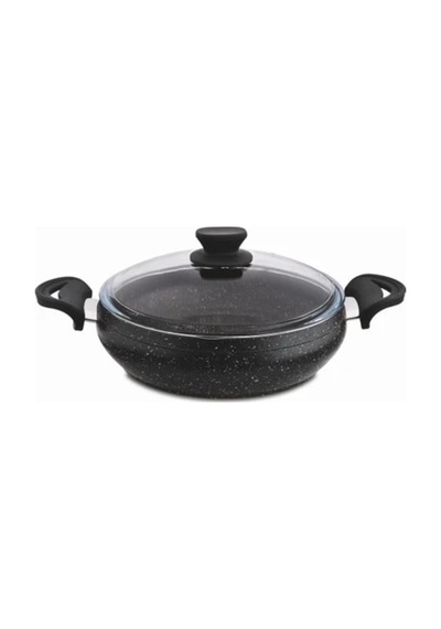 Granit Pro 26 Cm Basık Granit Güveç Tencere Siyah Bakalit Saplı Cam Kapaklı Yapışmaz