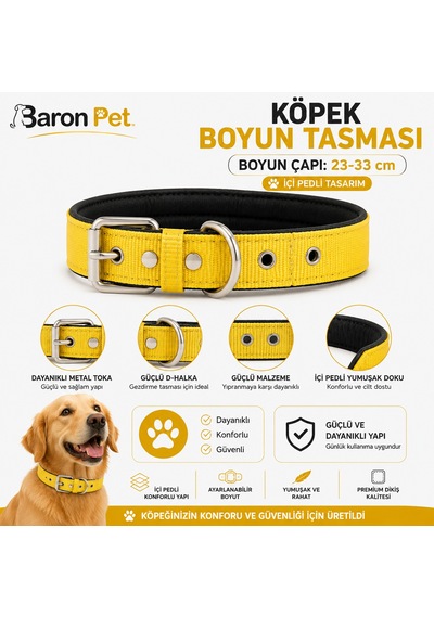 Pedli Köpek Boyun Tasması 23-33 Cm 2 Cm İçi Pedli Metal Tokalı D Halkalı - Sarı Çok Renkli