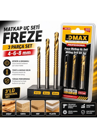 3 Parça Freze Matkap Ucu Seti 4-6-8 Mm Ahşap, Mdf Ve Sunta İçin Frezeleme Ve Delme Uçları, Matkap Uyumlu Kesici Uç Set