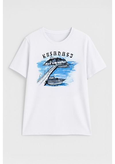 Kadın Bisiklet Yaka %100 Pamuk Mavi Kuşadası Baskılı Kısa Kollu T-shirt