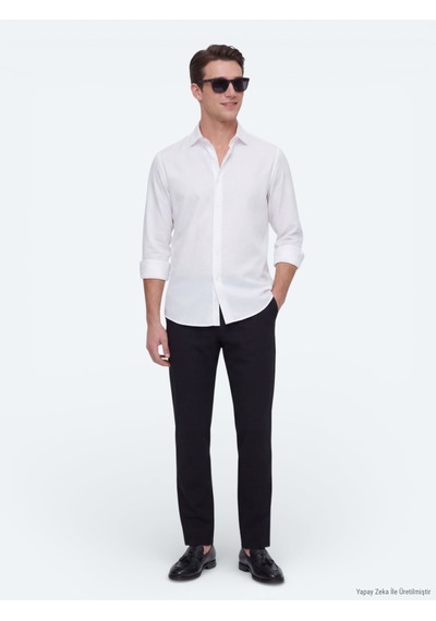 Kip Beyaz Düz Regular Fit Uzun Dokuma Casual Gömlek Beyaz