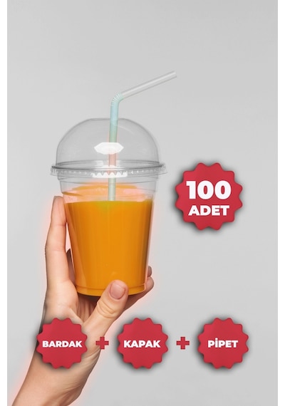 Plastik Milkshake Bardağı Kapak Pipet 12 Oz 350 Cc - 100 Adet