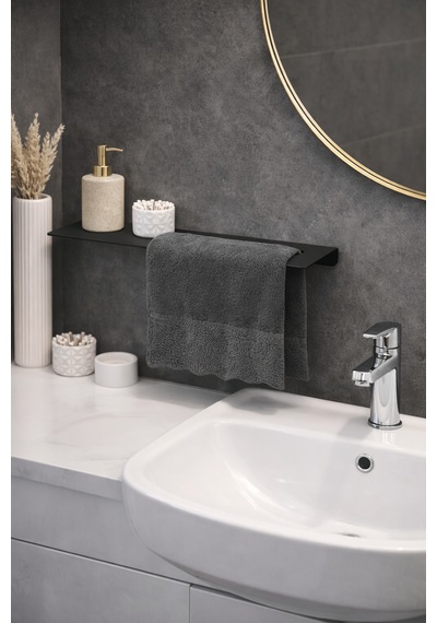 Raflı Siyah Metal Havluluk Modern Banyo Havlu Askısı Siyah