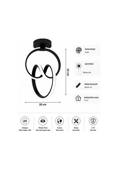 Evora Led Plafonyer Avize Beyaz Işık Siyah