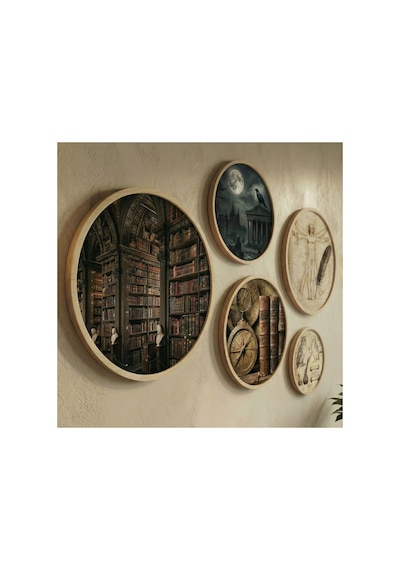 Dark Academia 5'li Yuvarlak Tablo Seti - Doğal Ahşap Çerçeveli Vintage Duvar Dekoru - Huhu872