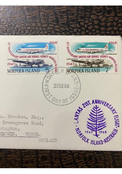 Avustralya 1968 Norfolk İsland Quantas Hava Yollarının 21. Yıl Dönümü Özel Damgalı Postadan Geçmiş Uçak Temalı