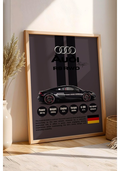 Audi R8 Rwd Premium Spor Araba Çerçeveli Tablo - Teknik Özellikli Otomobil Sever Duvar Dekoru Kayın
