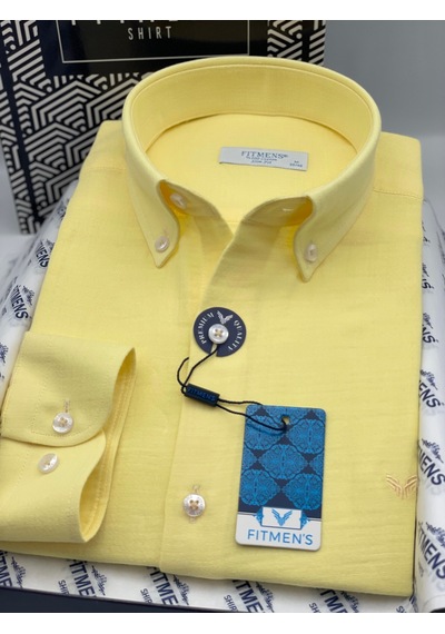 Slim Fit Uzun Kol Müslin Pamuk Rahat Nefes Alabilen Kumaştan Yaka Düğmeli Hediye Kutulu Erkek Gömlek Fs-004202 - Sarı-3367