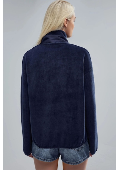 Hiccup Busem Fermuarlı Yakalı Peluş Örme Sweatshirt, Cepli Lacivert