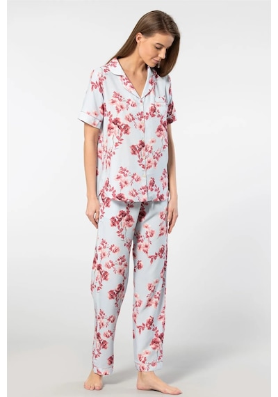 Türen 3604 Kadın Kısa Kollu Dokuma Gömlek Pijama Takımı-mavi Mavi