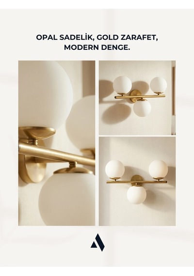 Trivon Üçlü Cam Aplik Beyaz & Bal Renk Seçenekli, Gold Metal Gövde Modern Duvar Aydınlatma Beyaz